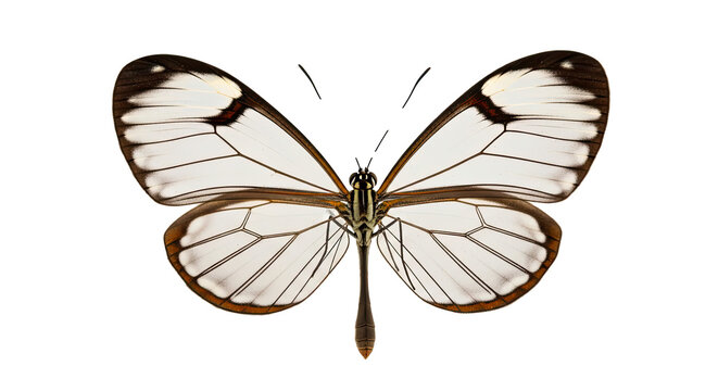 Close up of a glasswing butterfly with transparent wings and black border on a black background