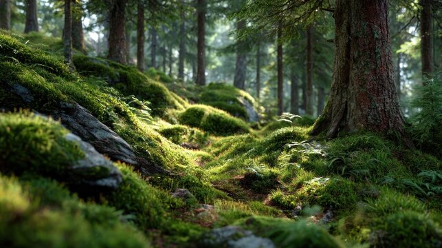 Enchanted Forest Floor: Mossy Rocks and Sunlight Dappled in a Lush Green Woodland