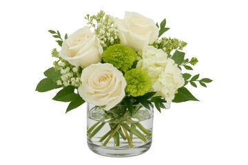 White roses and green flowers creating stunning floral arrangement in glass vase with transparent background