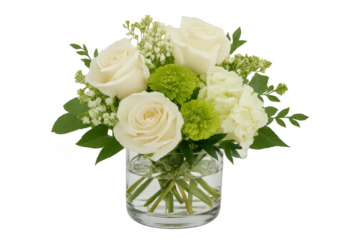 White roses and green flowers creating stunning floral arrangement in glass vase with transparent background