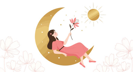 Fototapeta premium Dreamy girl relaxing on the moon illustration with flower and sun illustration