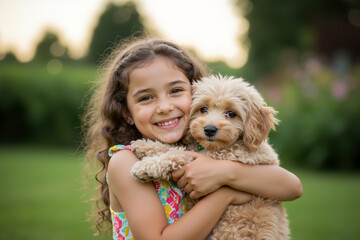 Smiling girl with curly hair hugging her Cockapoo puppy. Portrait of a happy child embracing her fluffy new pet. For pet store advertising, dog and puppy food, pet shelter.