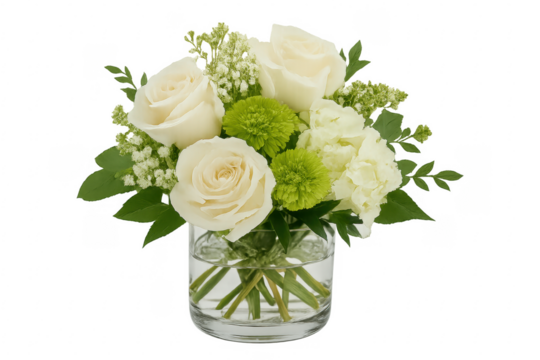 White roses and green flowers creating stunning floral arrangement in glass vase with transparent background
