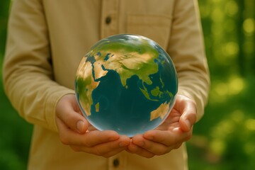 A person in a beige jacket gently holds a transparent globe showing detailed satellite imagery of Asia and the Middle East. Shot in natural light with a blurred forest background	
