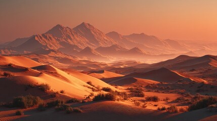 Naklejka premium Golden Hour Desert Landscape: Majestic Mountains and Rolling Sands