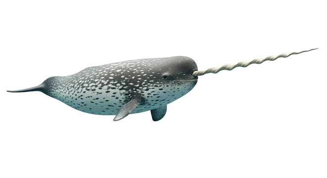 A narwhal swimming with its distinctive tusk visible against a dark background in an underwater shot - Powered by Adobe