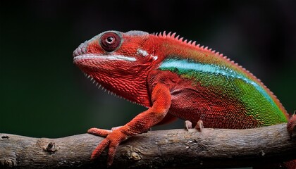 a close up of a vibrant red and green lizard perched on a branch against a dark background