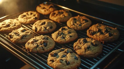 Fresh chocolate chip cookies coming out of the oven, baked to perfection with a golden crust and gooey center. - Powered by Adobe