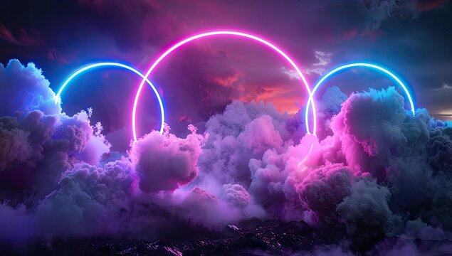 Neon rings in clouds at sunset.  Use Abstract background