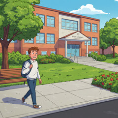 High School Male Student Walking to School &mdash; Character Illustration PNG & Background Scene