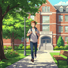 High School Male Student Walking to School &mdash; Character Illustration PNG & Background Scene