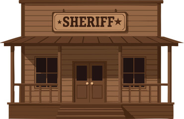 Sheriff office building wooden facade western style vector illustration vintage design 