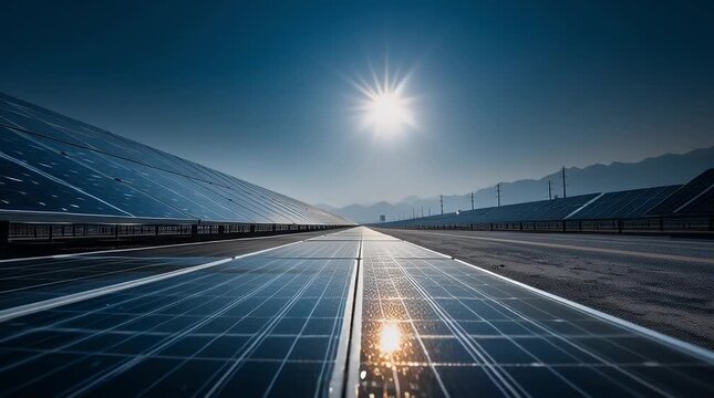 Modern Solar Panel Installation Under Bright Sunlight in Clear Blue Sky