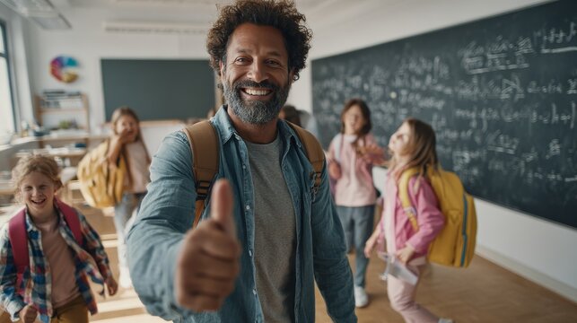 Smiling teacher gesturing thumbs up welcoming students into classroom before math lesson
