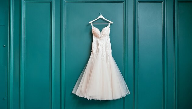 elegant wedding dress hanging on teal wall
