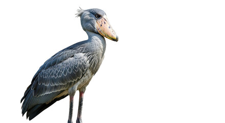Fototapeta premium A shoebill stork standing tall with its distinctive beak and gray feathers against a dark background