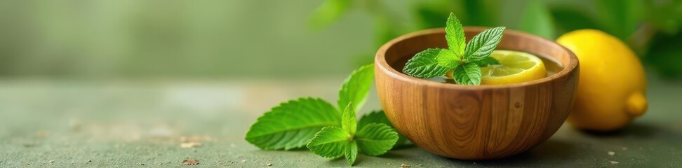 Bamboo container filled with fragrant green tea blend of mint and lemon, organic, calming