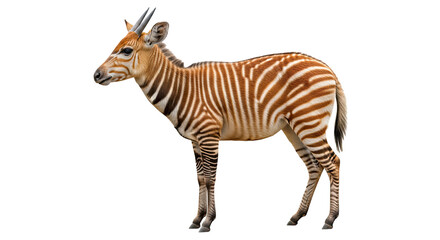 Isolated okapi standing sideways with brown and white stripes on a black background looking forward