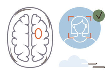 Simplified brain hemisphere with highlighted area, facial recognition icon with checkmark, and abstract cloud. Ideal for neuroscience, AI, identity, innovation, safety technology learning. Minimal