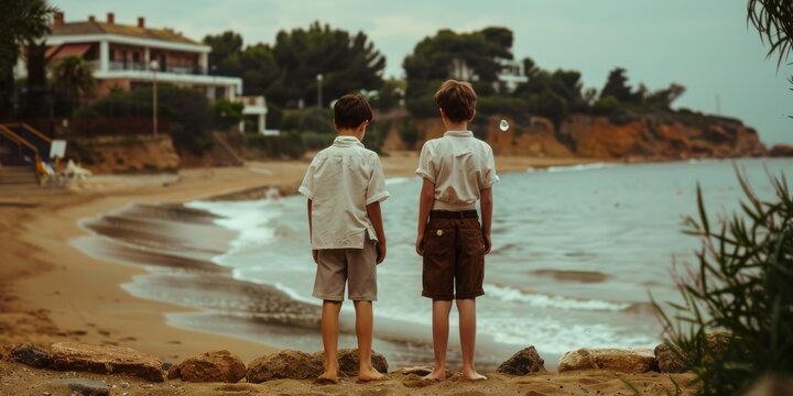Two schoolboys watching the sea waves crashing on the shore