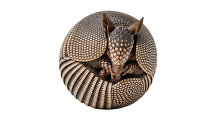 Armadillo curled up in a ball showing its armored shell and head on a black isolated background image