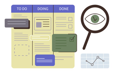 Kanban-style task board with To Do, Doing, Done columns, magnifying glass highlighting progress, analytics chart. Ideal for workflow planning, productivity, project management, task organization © robu_s