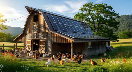 A rustic barn with solar panels, surrounded by chickens, under a clear sky. 