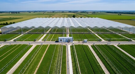 An aerial view showcases expansive greenhouses, demonstrating agricultural technology and sustainable food production. 