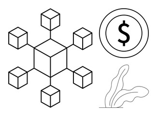 Obraz premium Abstract blockchain network of interconnected cubes, dollar coin for financial concept, and decorative plant. Ideal for blockchain, finance, digital currency, technology, innovation, growth