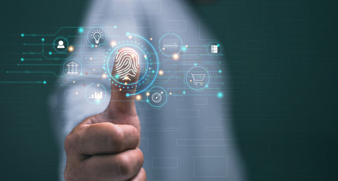 Thumb scanning digital fingerprint with business icons. Representing biometric authentication. Cybersecurity. Online identity verification and secure technology solutions for business and finance. - Powered by Adobe