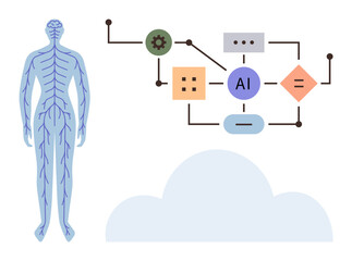 Human nervous system beside AI network connecting nodes, diagrams, and cloud. Ideal for medical research, AI integration, neuroscience, innovation, technology, healthcare and futuristic concepts