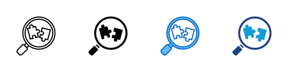 Solution Finder Multi Style Icon Sheet Vector Design - Magnifying glass over puzzle pieces, representing problem solving and solution analysis