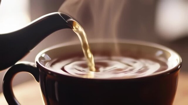 Hot tea being poured from a teapot into a mug