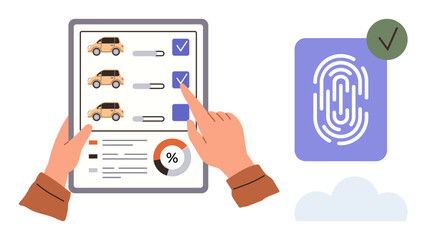 Tablet displaying car options with checkboxes, hands selecting, bar graph, and percent chart fingerprint scanner and cloud symbol for secure digital authentication. Ideal for technology, car rental