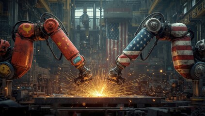 Robotic arms forge metal with sparks flying in a futuristic industrial factory setting