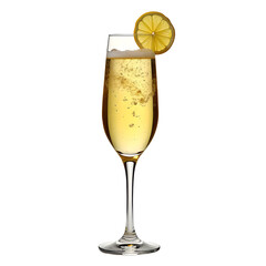 Bubbly Champagne Glass with Lemon Slice on White Background