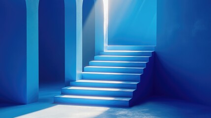 Obraz premium Sunlight streams into a vibrant blue room with stairs