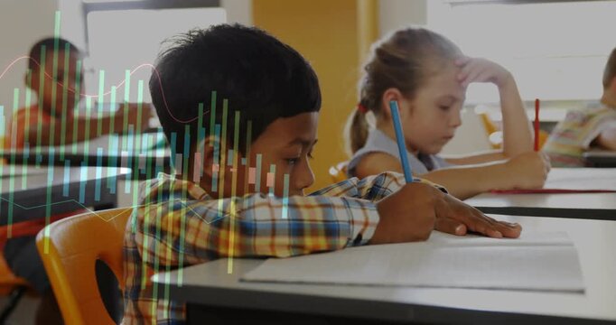 Front student leaning over writing assignment in classroom while animated data overlay pulsing