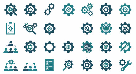 Collection of Gear Icons Representing Engineering Operations and System Mechanics with Associated Visual Elements