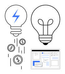 Light bulbs representing ideas and energy, coins symbolizing profit, and a digital workspace screen. Ideal for innovation, business strategy, entrepreneurship, finance, digital tools, creativity