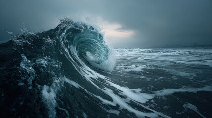 Towe powerful ocean wave crashing in stormy sea with dark cloudy sky and intense water movement illustrating nature's force and maritime environment