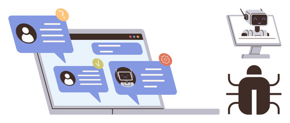 Laptop screen with chat bubbles, AI bot on monitor, and abstract robot figure. Ideal for technology, AI, chatbot operation, automation, software development, communication simple flat metaphor