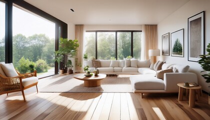 Fototapeta premium a light filled living area with a stunning wood floor