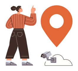 Woman gestures at orange location pin, surveillance camera over cloud. Ideal for navigation, privacy, safety, tracking, technology, map apps urban monitoring. Simple flat metaphor