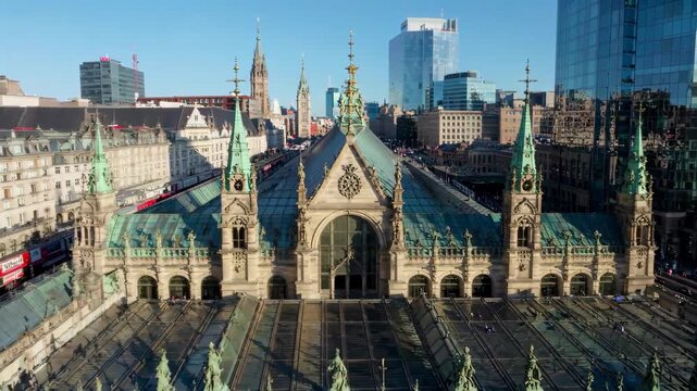 European style railway station and surrounding buildings Hamburg city hall and city