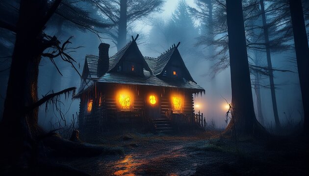 a spooky cabin with glowing windows stands in a dark foggy forest