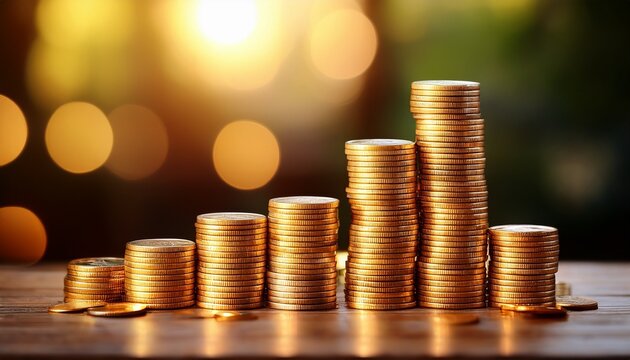 golden bitcoin coins stacked blurred background