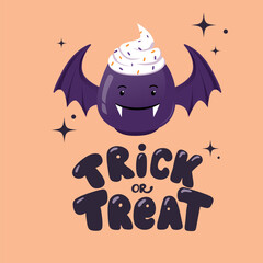 Cute Halloween Bat Mug with Trick or Treat. Kawaii Spooky Illustration. Bat shaped mug topped with whipped cream and colorful sprinkles. Good for invitations, decor, crafts, stickers, and merchandise.