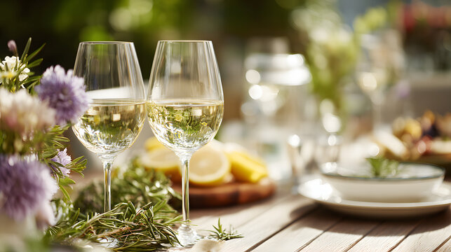 Elegant wine glasses filled with white wine alongside fresh flowers and herbs on a patio table ideal for summer gatherings and events