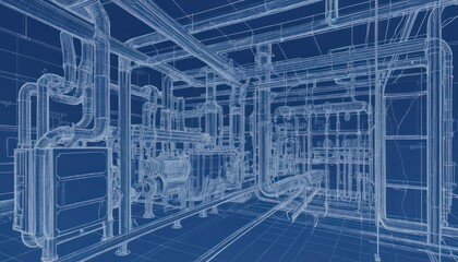 Blueprint of Industrial Piping System: Complex Network of Pipes and Valves